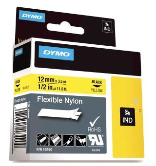 Tape DYMO Rhino nylon sort/gul 12mm